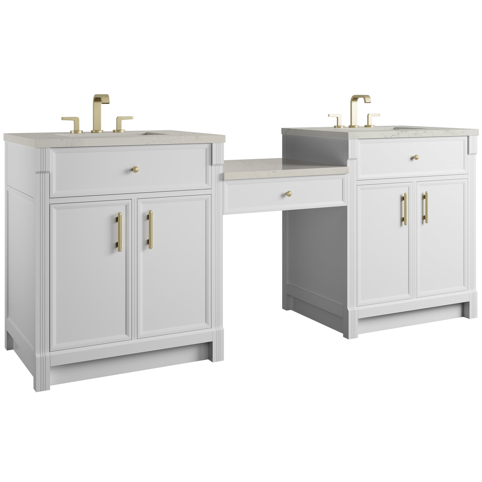 Renovate for Less Atlanta Bellshire 84" Dual Vanity Set with 24" Make-Up Counter, Bright White w/3 cm Siberian Silestone Top
