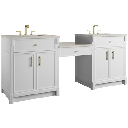 Renovate for Less Atlanta Bellshire 84" Dual Vanity Set with 24" Make-Up Counter, Bright White w/3 cm Siberian Silestone Top