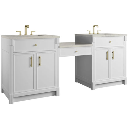 Bellshire 84" Dual Vanity Set with 24" Make-Up Counter, Bright White w/3 cm Siberian Silestone Top
