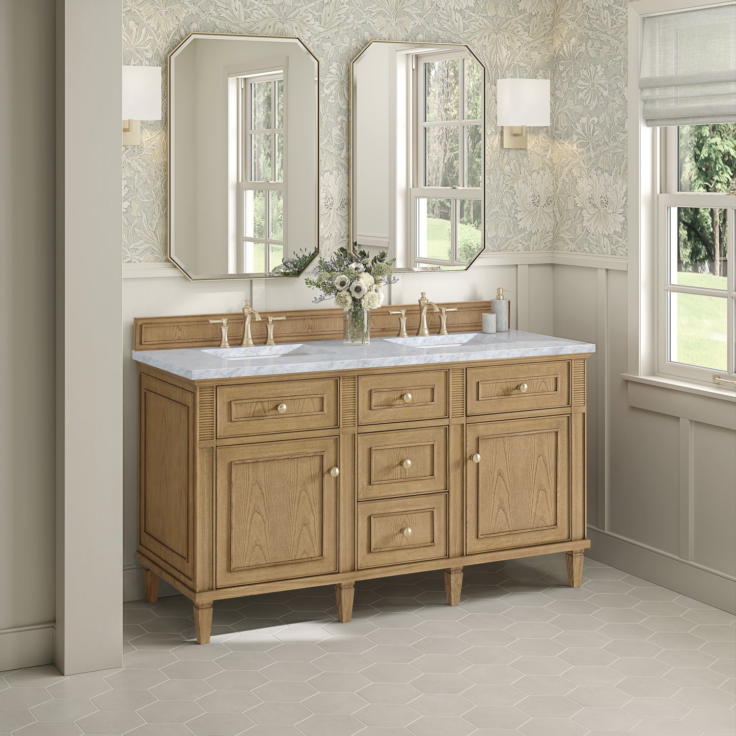 Renovate for Less Atlanta Lorelai 60" Double Vanity, Light Natural Oak w/ 3 CM Carrara White Marble Top