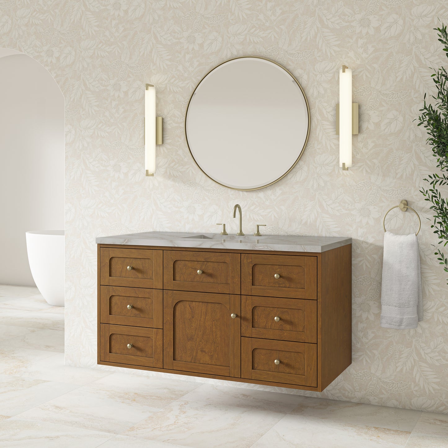 Renovate for Less Atlanta Laurent 48" Single Vanity, Honey Oak w/ 3 CM Victorian Silver Silestone Top