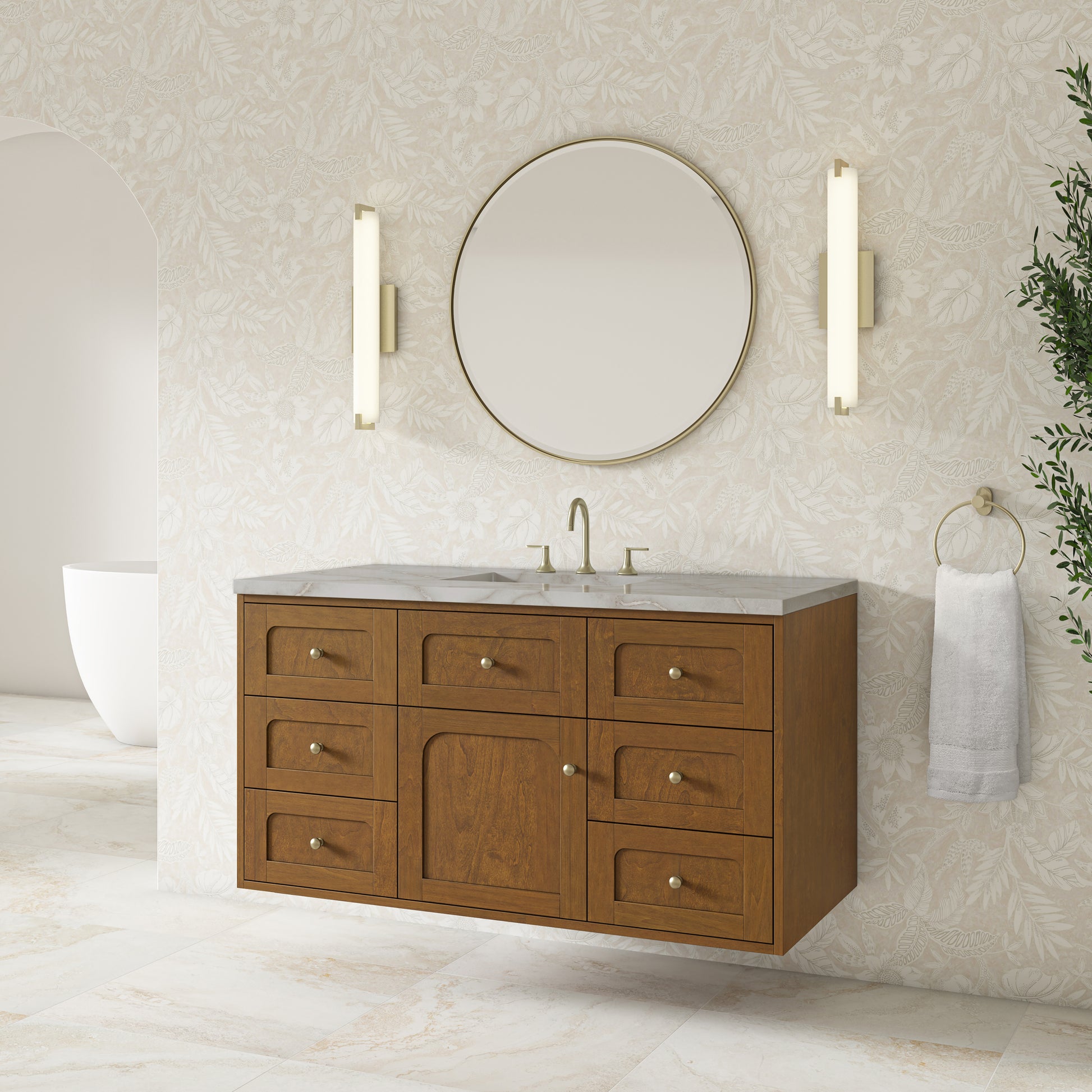 Renovate for Less Atlanta Laurent 48" Single Vanity, Honey Oak w/ 3 CM Victorian Silver Silestone Top