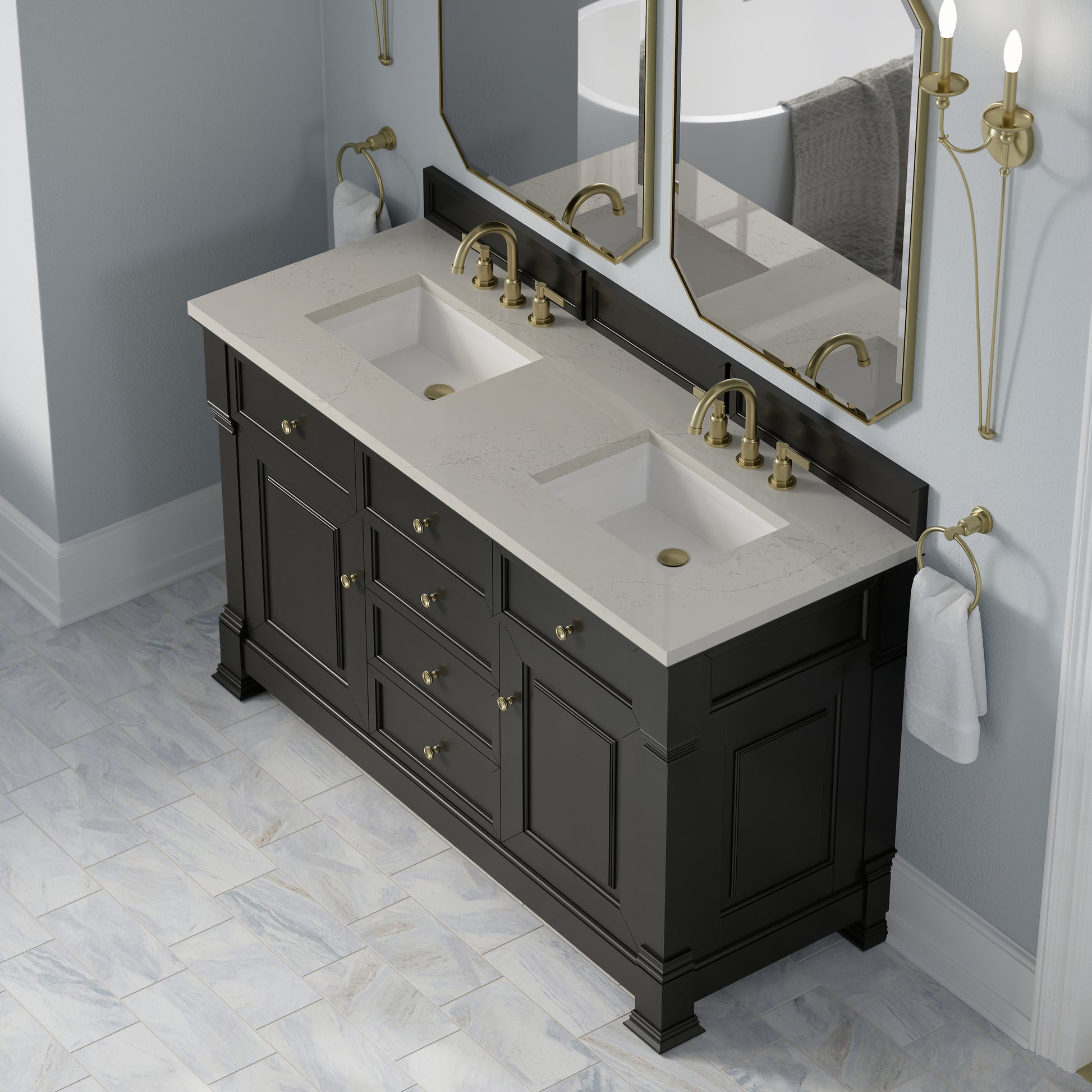 Renovate for Less Atlanta Brookfield 60" Double Vanity, Black Onyx, w/ 3 CM Siberian Silestone Top