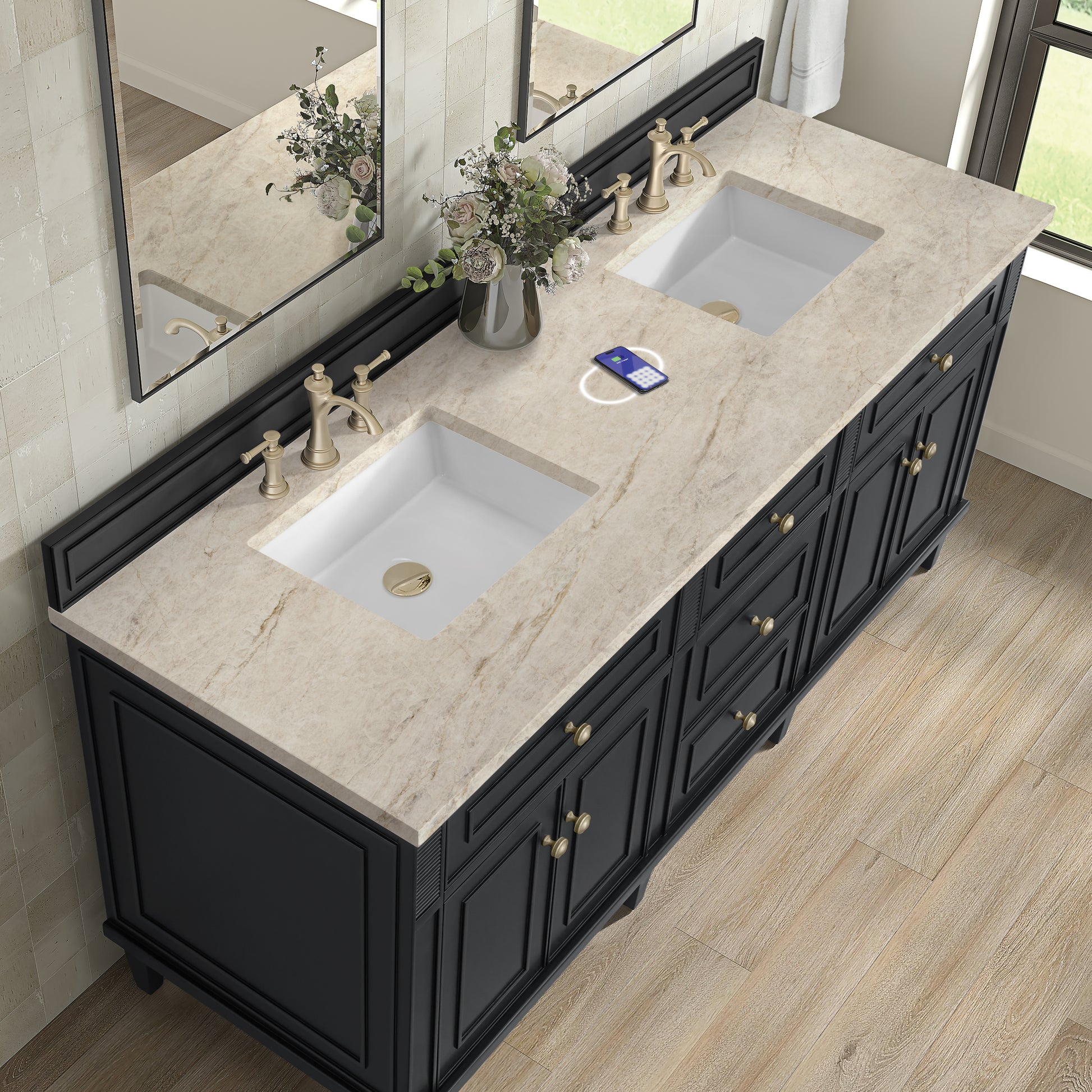 Renovate for Less Atlanta Lorelai 72" Double Vanity, Black Onyx, w/ 3 CM Tajnar Eclos Top w/FreePower Wireless Charger