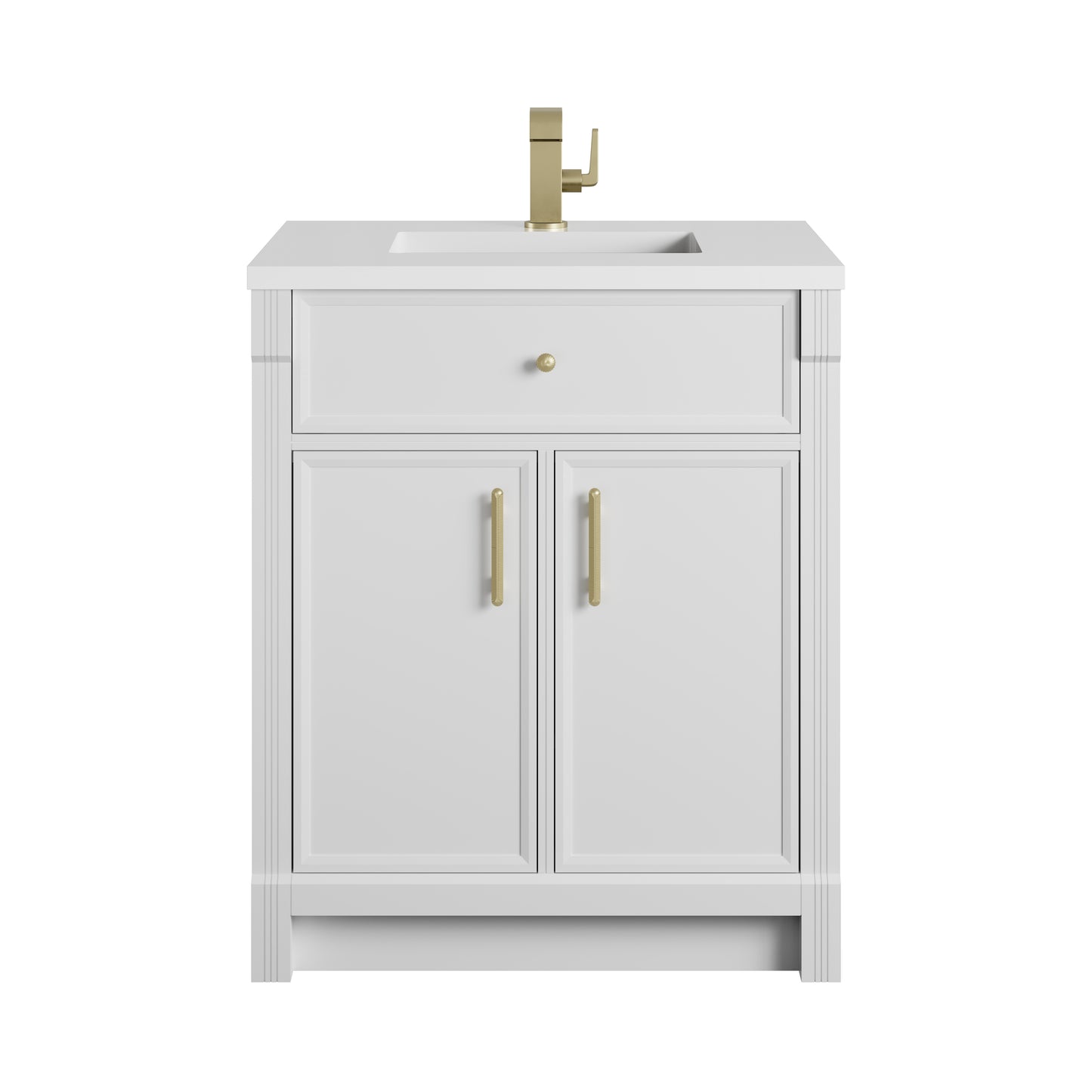 Renovate for Less Atlanta Bellshire 30" Single Vanity, Bright White w/ Single Hole 3 CM White Zeus Silestone Top and Matching Backsplash