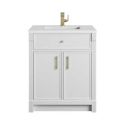 Renovate for Less Atlanta Bellshire 30" Single Vanity, Bright White w/ Single Hole 3 CM White Zeus Silestone Top and Matching Backsplash