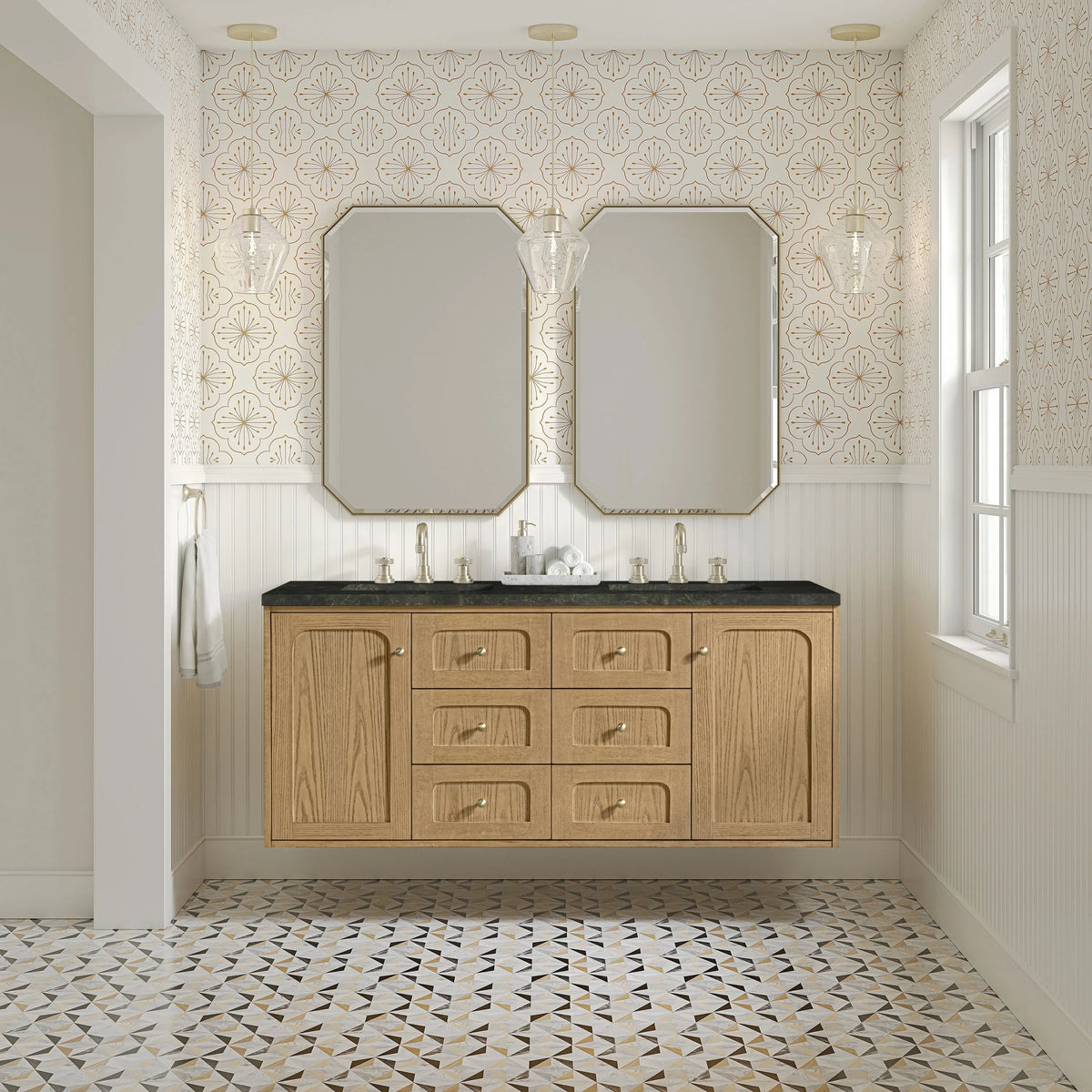 Laurent 60" Double Vanity, Light Natural Oak, w/ 3 CM Phantome Eclos Top
