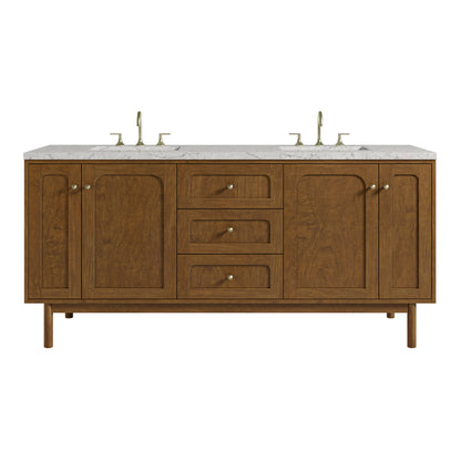 Renovate for Less Atlanta Laurent 72" Double Vanity, Honey Oak w/ 3 CM Eternal Jasmine Pearl Silestone Top w/FreePower Wireless Charger