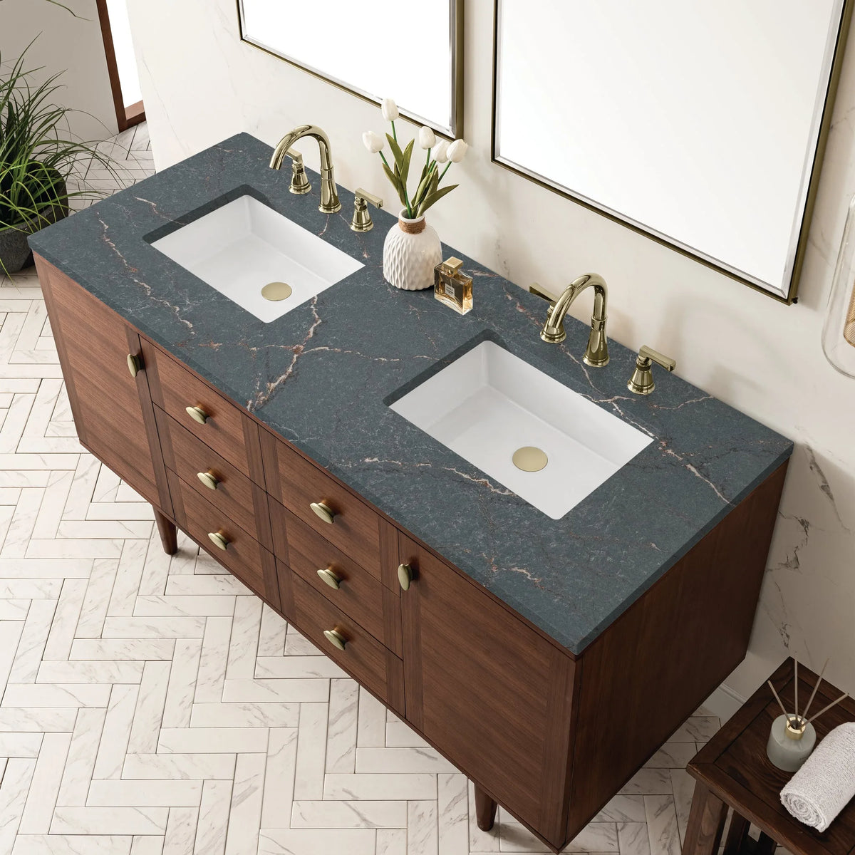 Amberly 60" Double Vanity, Mid-Century Walnut w/ 3 CM Parisien Bleu Top