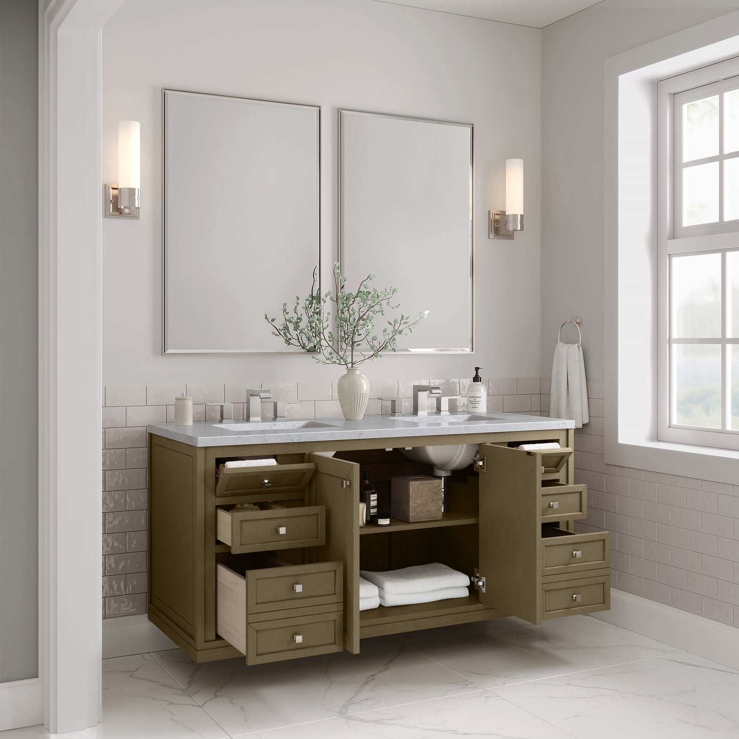 Renovate for Less Atlanta Chicago 60" Double Vanity, Walnut Whisper, w/ 3 CM Carrara Marble Top