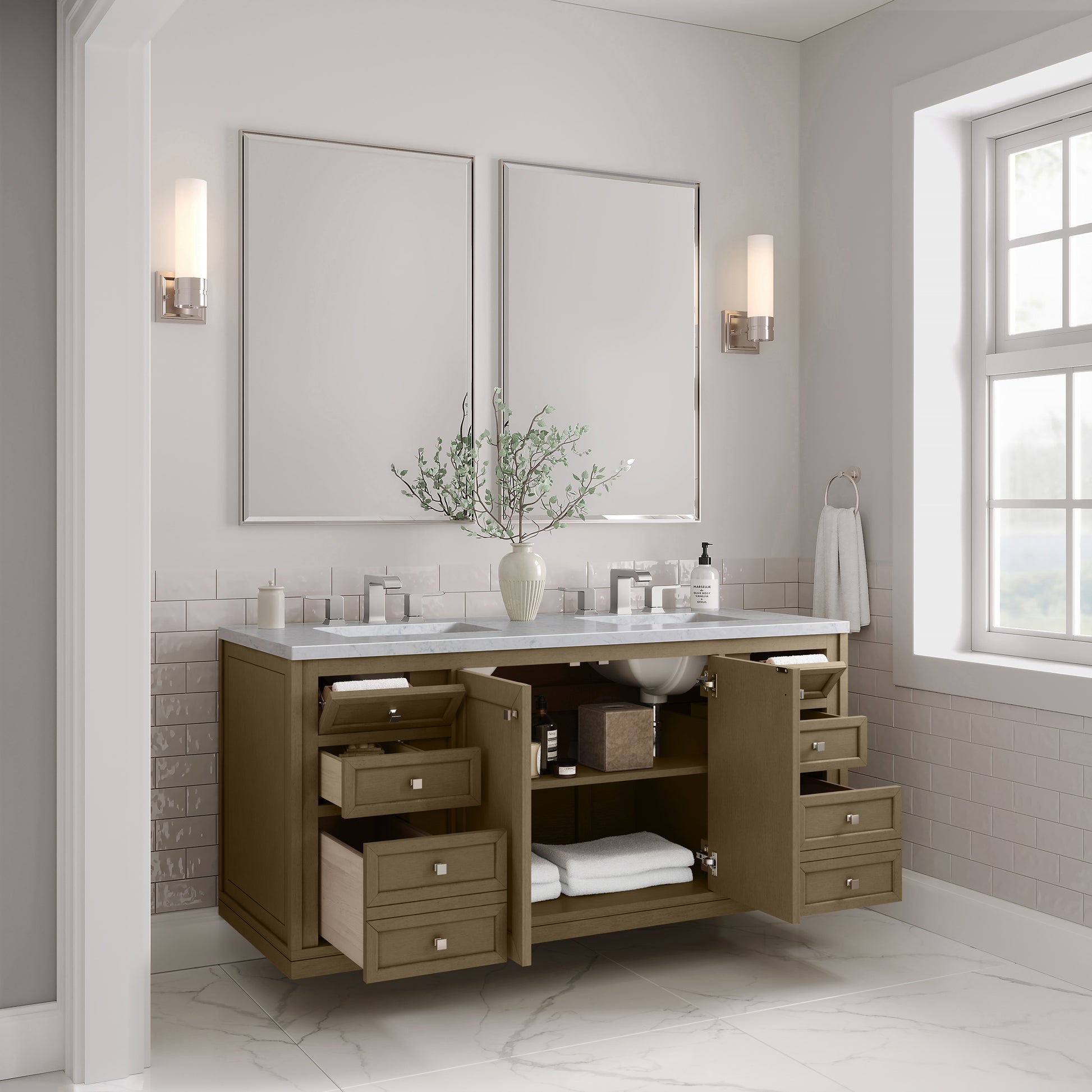 Renovate for Less Atlanta Chicago 60" Double Vanity, Walnut Whisper, w/ 3 CM Carrara Marble Top