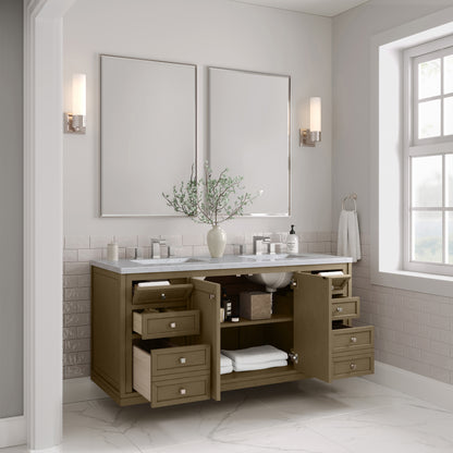 Renovate for Less Atlanta Chicago 60" Double Vanity, Walnut Whisper, w/ 3 CM Carrara Marble Top