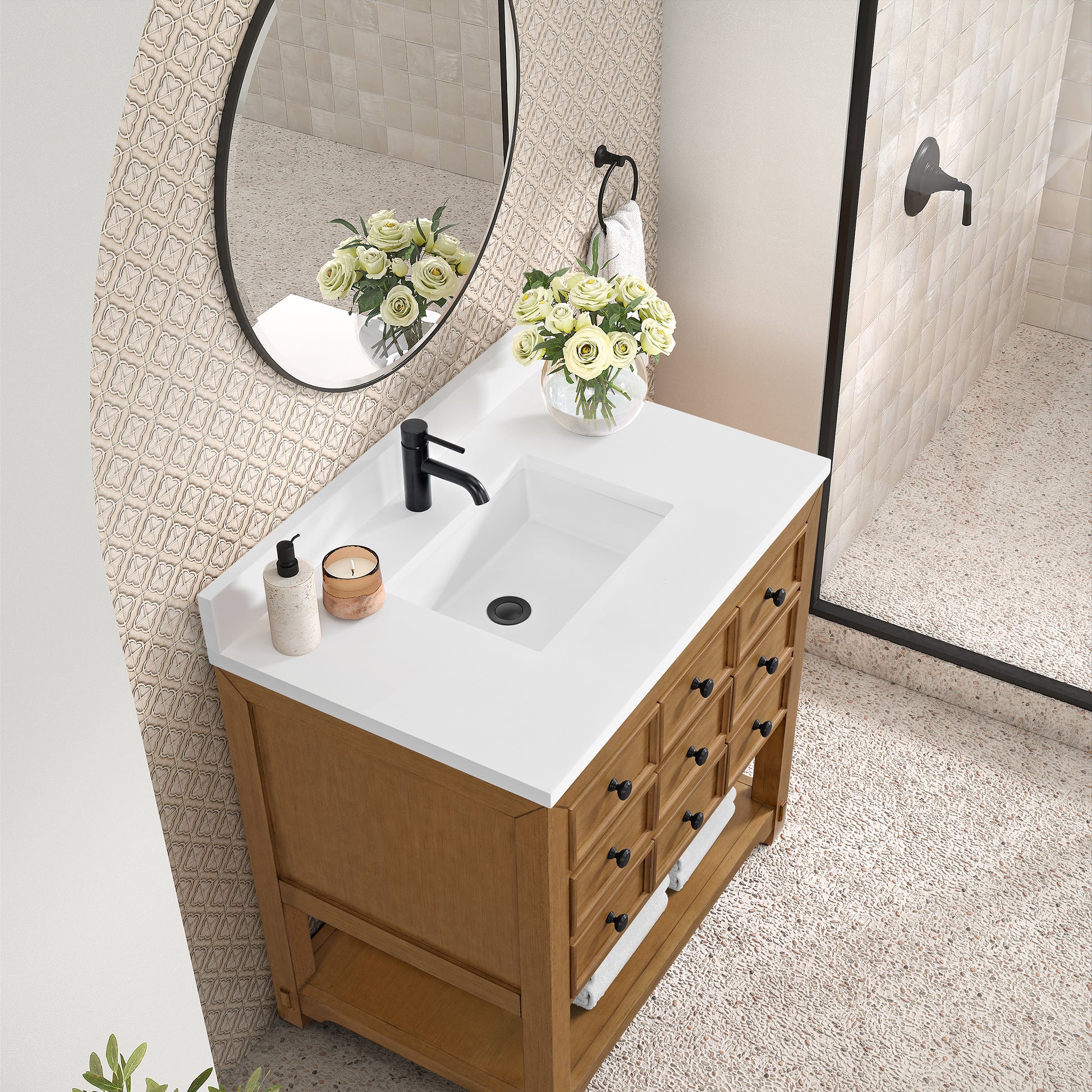Renovate for Less Atlanta Malibu 36" Single Vanity, Amber Birch w/ Single Hole 3 CM White Zeus Top & Backsplash