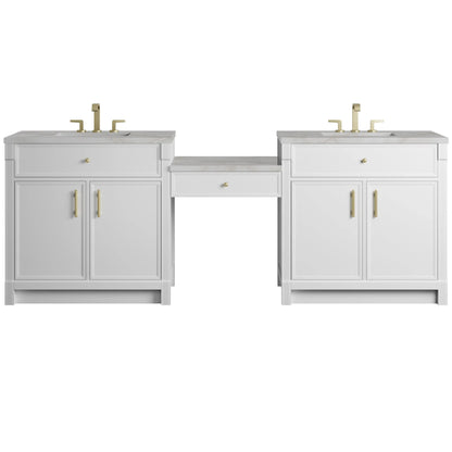 Bellshire 96" Dual Vanity Set with 24" Make-Up Counter, Bright White w/3 cm Victorian Silver Silestone Top