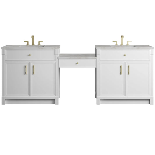 Bellshire 96" Dual Vanity Set with 24" Make-Up Counter, Bright White w/3 cm Victorian Silver Silestone Top