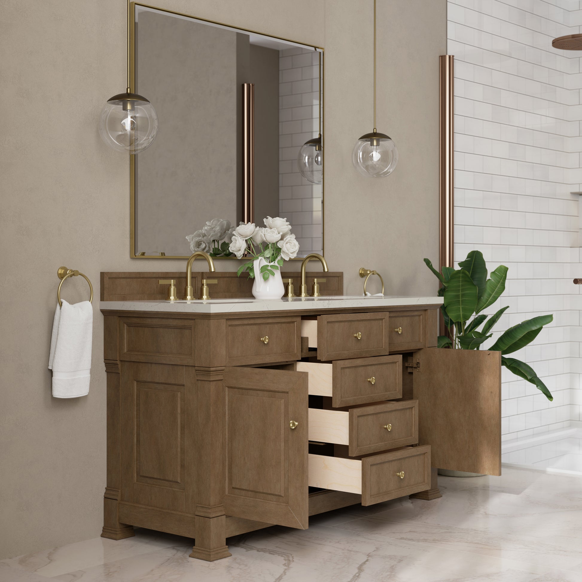Renovate for Less Atlanta Brookfield 60" Double Vanity, Pecan, w/ 3 CM Siberian Silestone Top