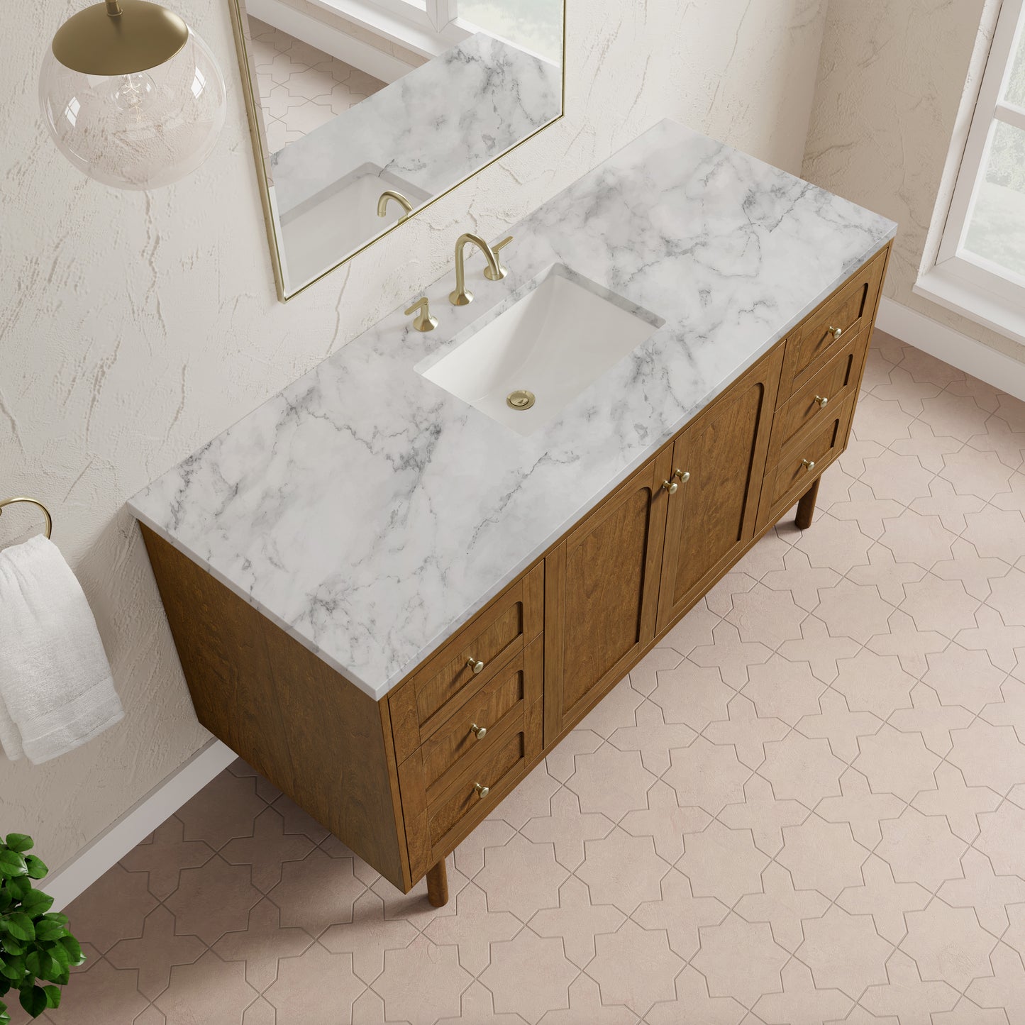 Renovate for Less Atlanta Laurent 60" Single Vanity, Honey Oak w/ 3 CM Carrara Marble Top