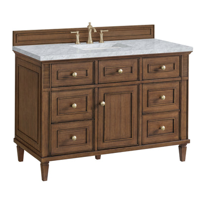 Renovate for Less Atlanta Lorelai 48" Single Vanity, Mid-Century Walnut w/ 3 CM Carrara White Marble Top