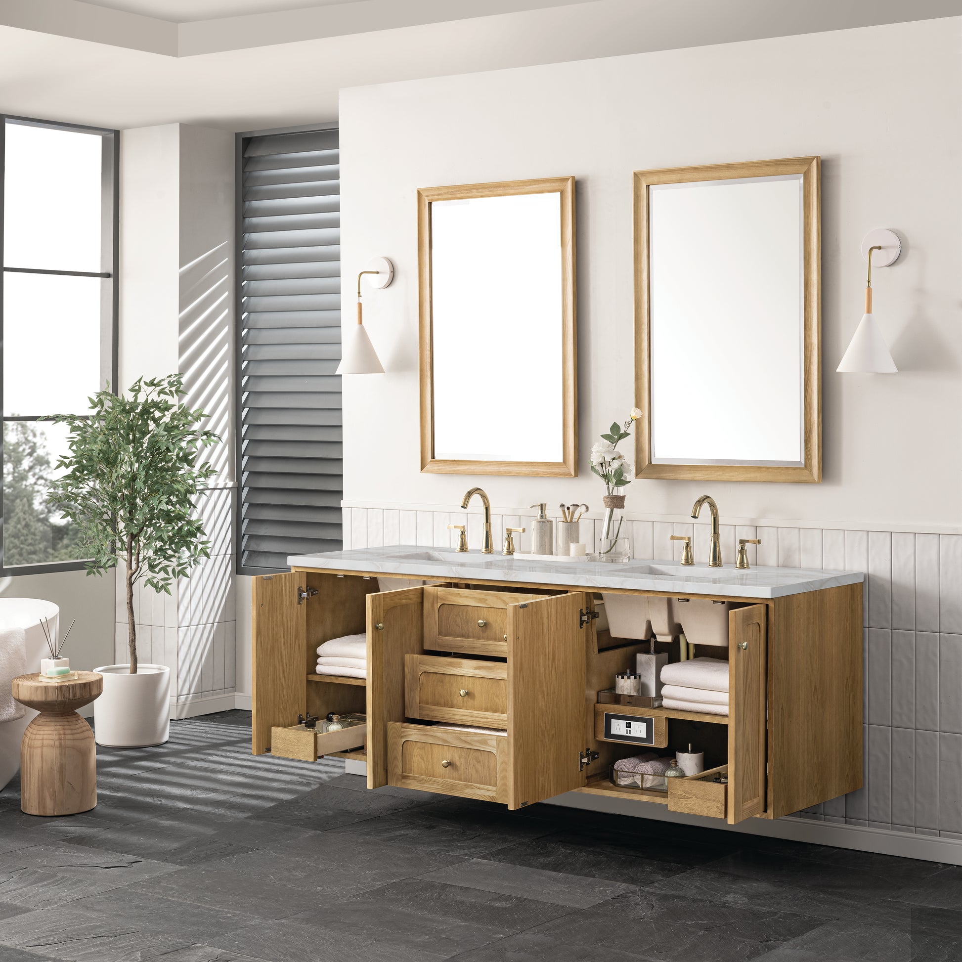 Renovate for Less Atlanta Laurent 72" Double Vanity, Light Natural Oak w/ 3 CM Victorian Silver Top