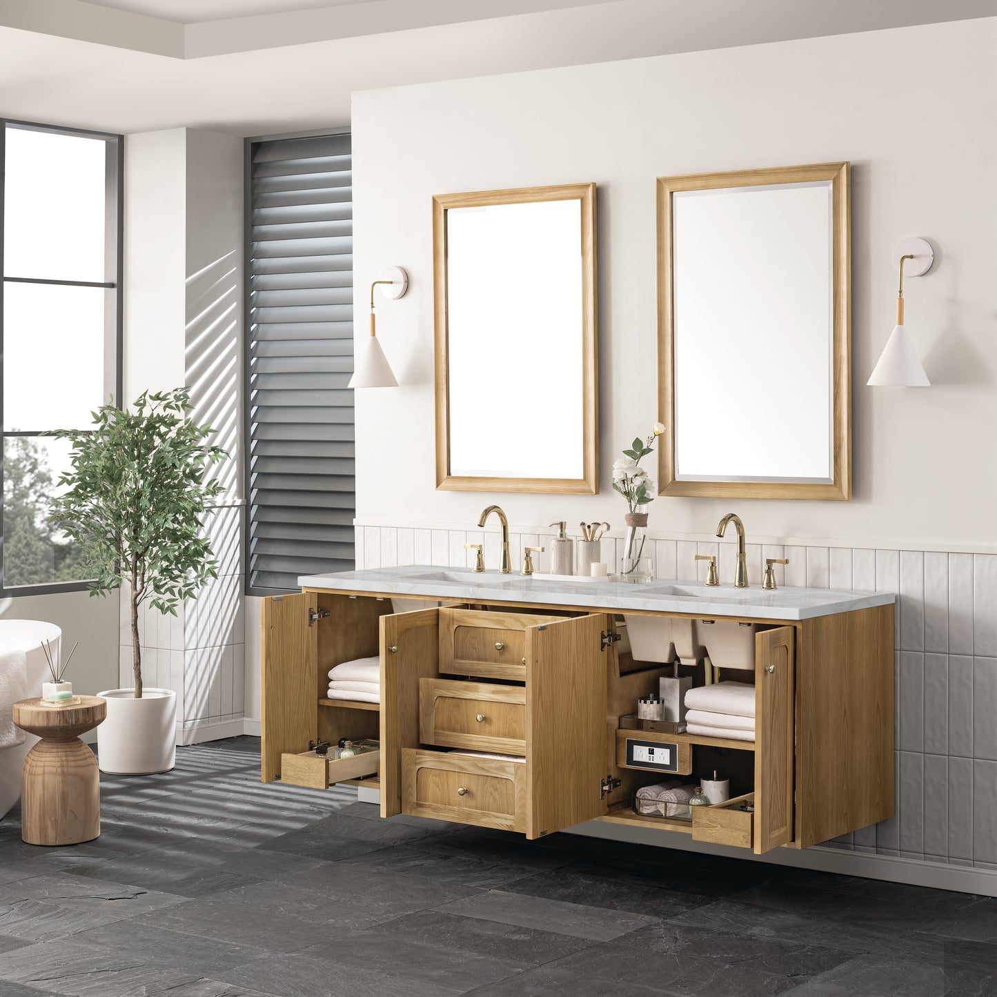 Renovate for Less Atlanta Laurent 72" Double Vanity, Light Natural Oak w/ 3 CM Victorian Silver Top w/FreePower Wireless Charger
