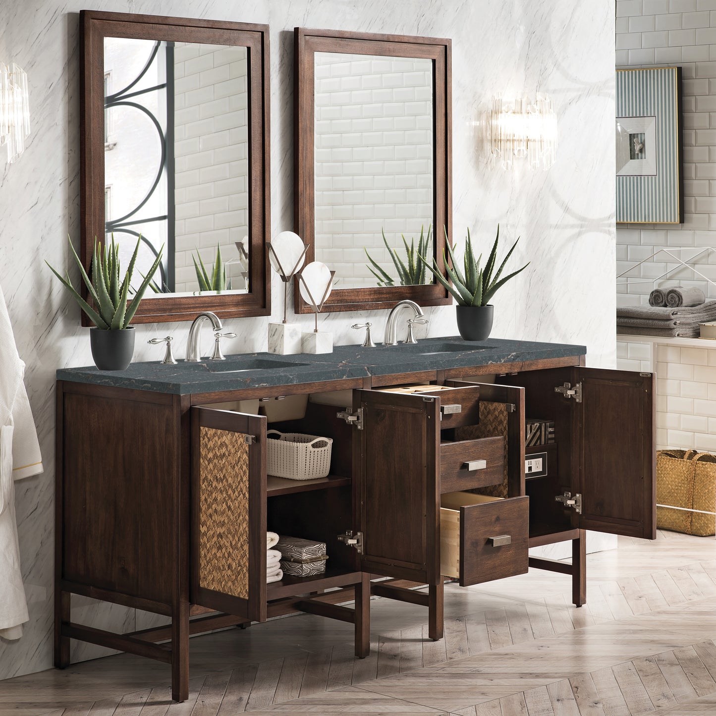 Renovate for Less Atlanta Addison 72" Double Vanity, Mid-Century Acacia w/ 3 CM Parisien Bleu Silestone Top