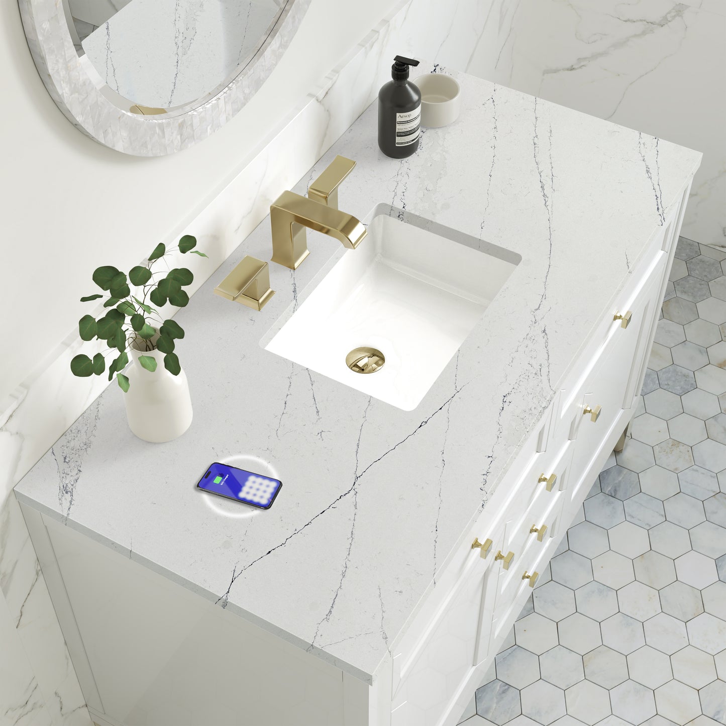 Renovate for Less Atlanta Chicago 48" Single Vanity, Glossy White, w/ 3 CM Ethereal Noctis Silestone® Top w/FreePower Wireless Charger