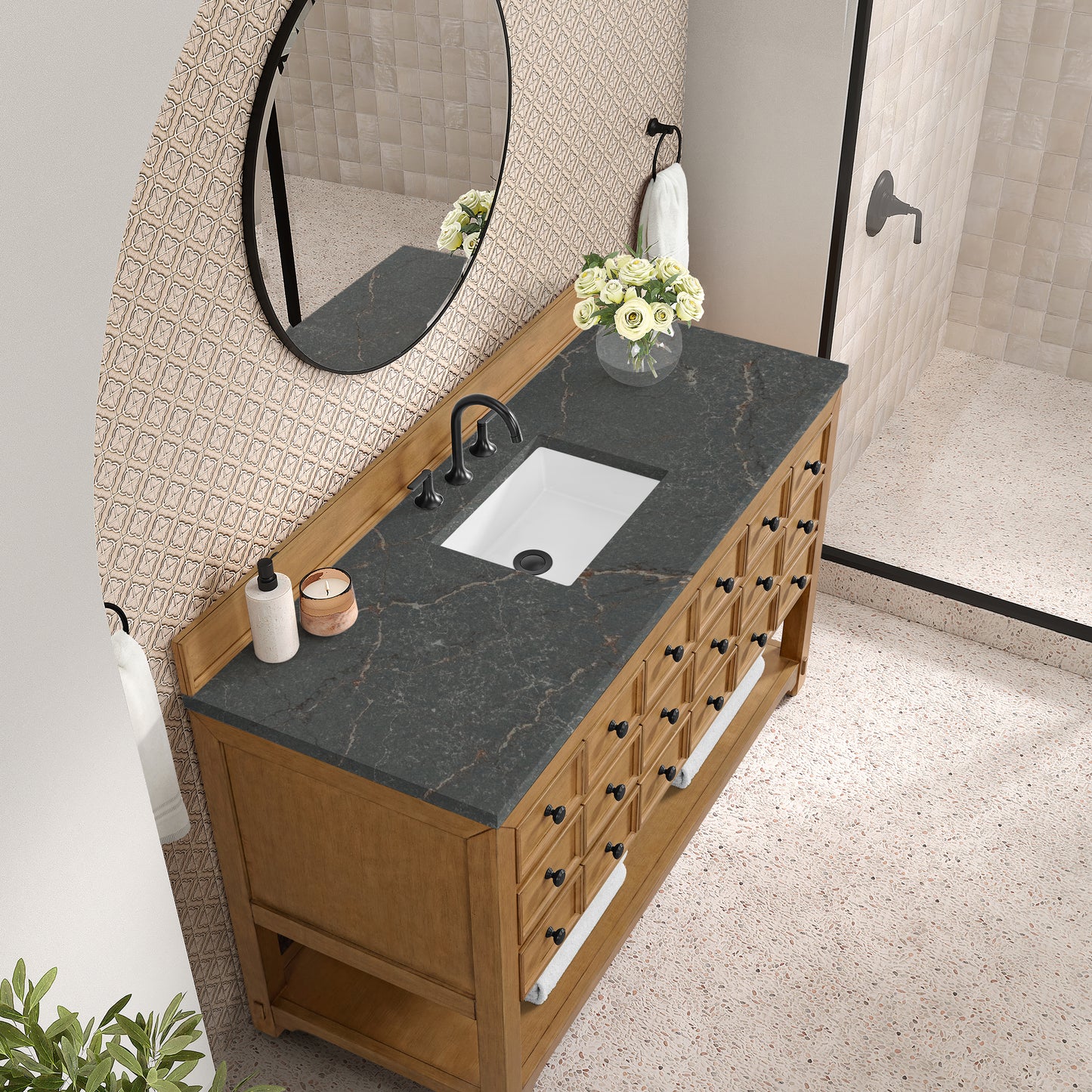 Renovate for Less Atlanta Malibu 60" Single Vanity, Amber Birch w/ 3 CM Parisien Bleu Top