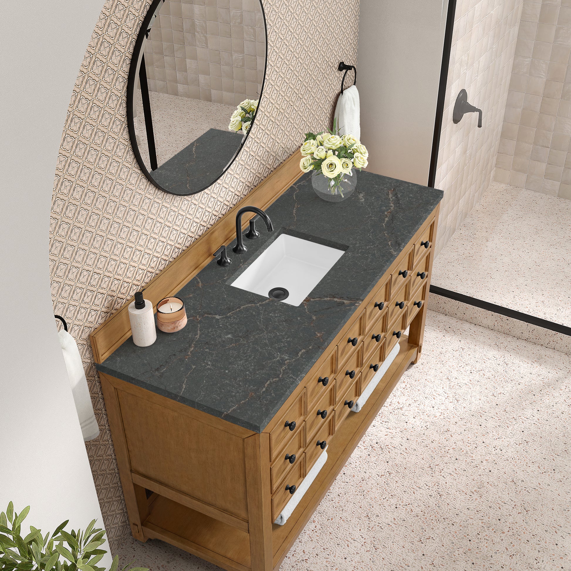 Renovate for Less Atlanta Malibu 60" Single Vanity, Amber Birch w/ 3 CM Parisien Bleu Top
