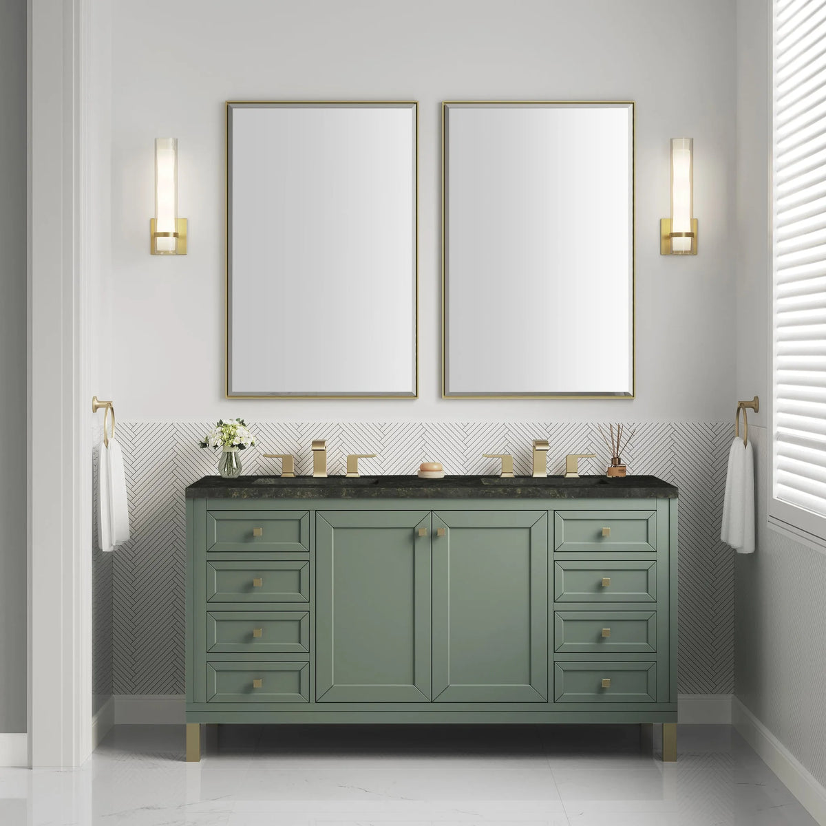 Chicago 60" Double Vanity, Smokey Celadon, w/ 3 CM Phantome Eclos Top
