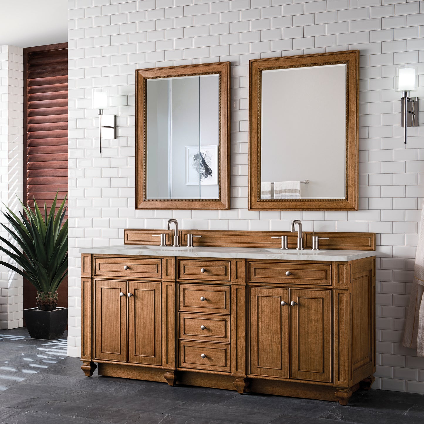 Renovate for Less Atlanta Bristol 72" Double Vanity, Saddle Brown w/ 3 CM Victorian Silver Silestone Top w/FreePower Wireless Charger