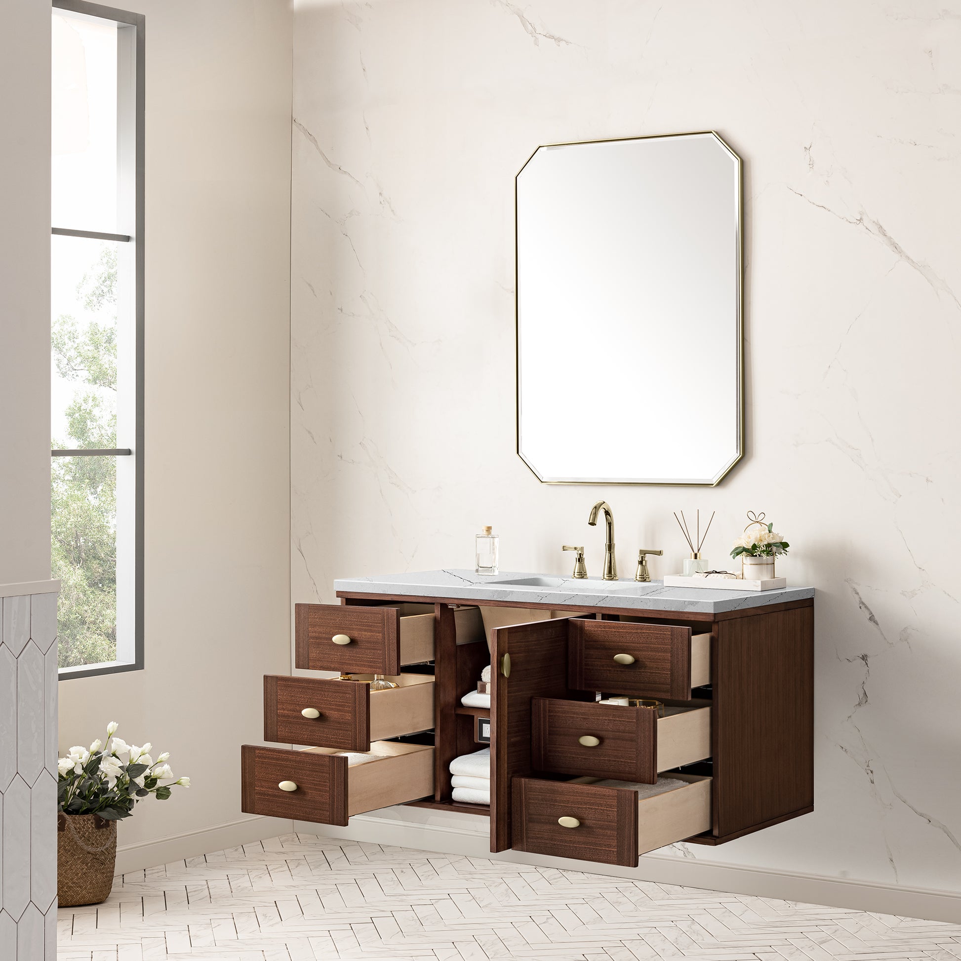 Renovate for Less Atlanta Amberly 48" Single Vanity, Mid-Century Walnut w/ 3 CM Ethereal Noctis Top w/FreePower Wireless Charger