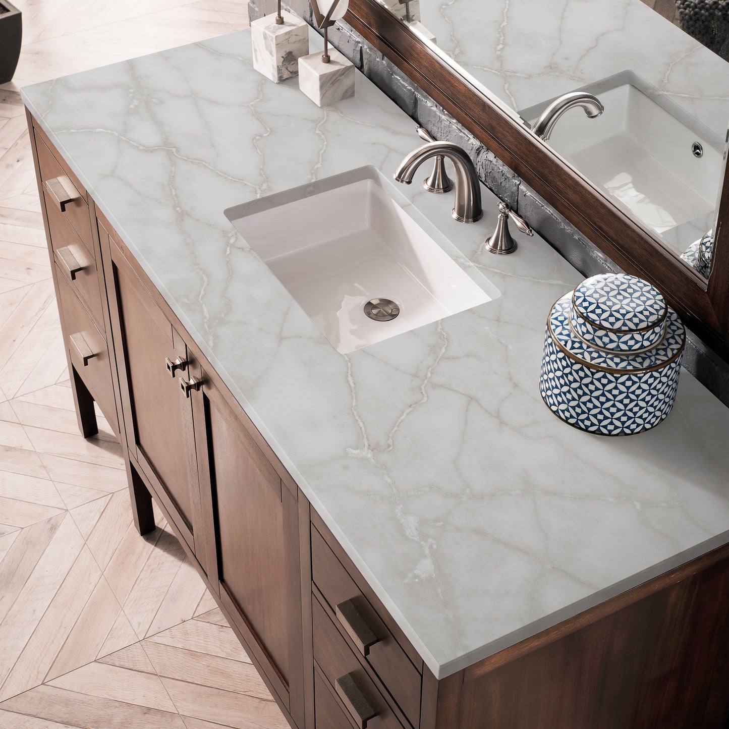 Renovate for Less Atlanta Addison 60" Single Vanity, Mid-Century Acacia w/ 3 CM Victorian Silver Silestone Top
