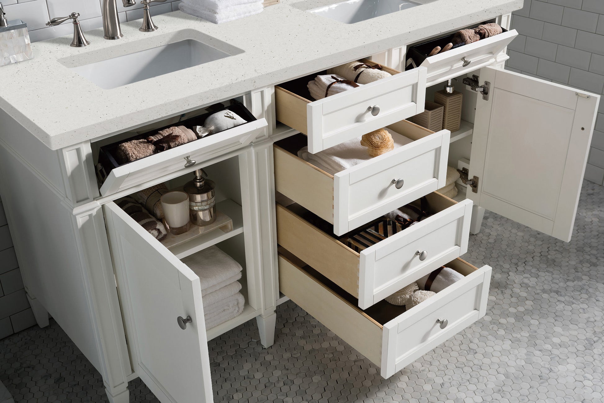 Renovate for Less Atlanta Brittany 60" Double Vanity, Bright White Vanity w/ 3 CM Lime Delight Silestone Top