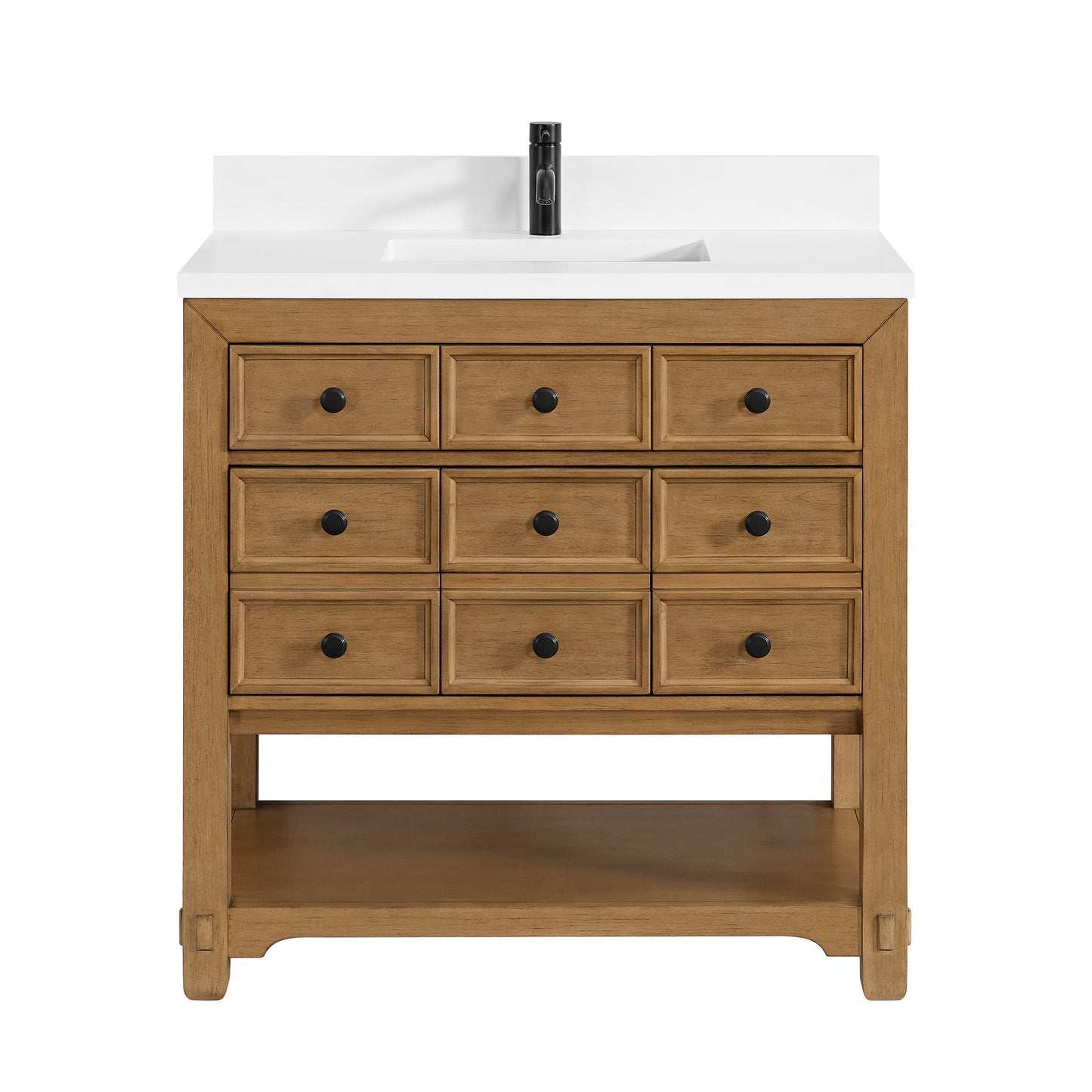 Renovate for Less Atlanta Malibu 36" Single Vanity, Amber Birch w/ Single Hole 3 CM White Zeus Top & Backsplash