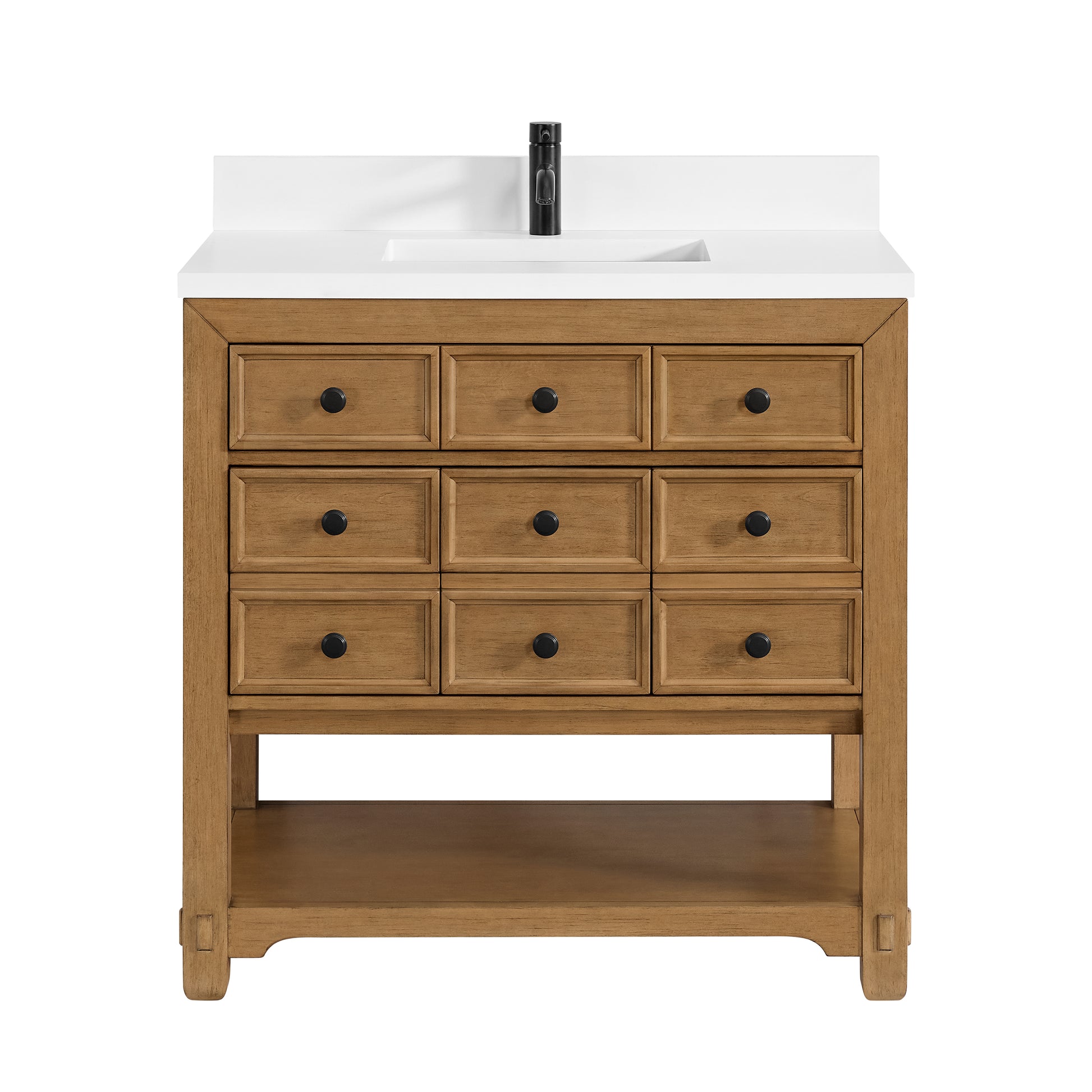Renovate for Less Atlanta Malibu 36" Single Vanity, Amber Birch w/ Single Hole 3 CM White Zeus Top & Backsplash