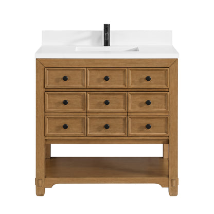Renovate for Less Atlanta Malibu 36" Single Vanity, Amber Birch w/ Single Hole 3 CM White Zeus Top & Backsplash