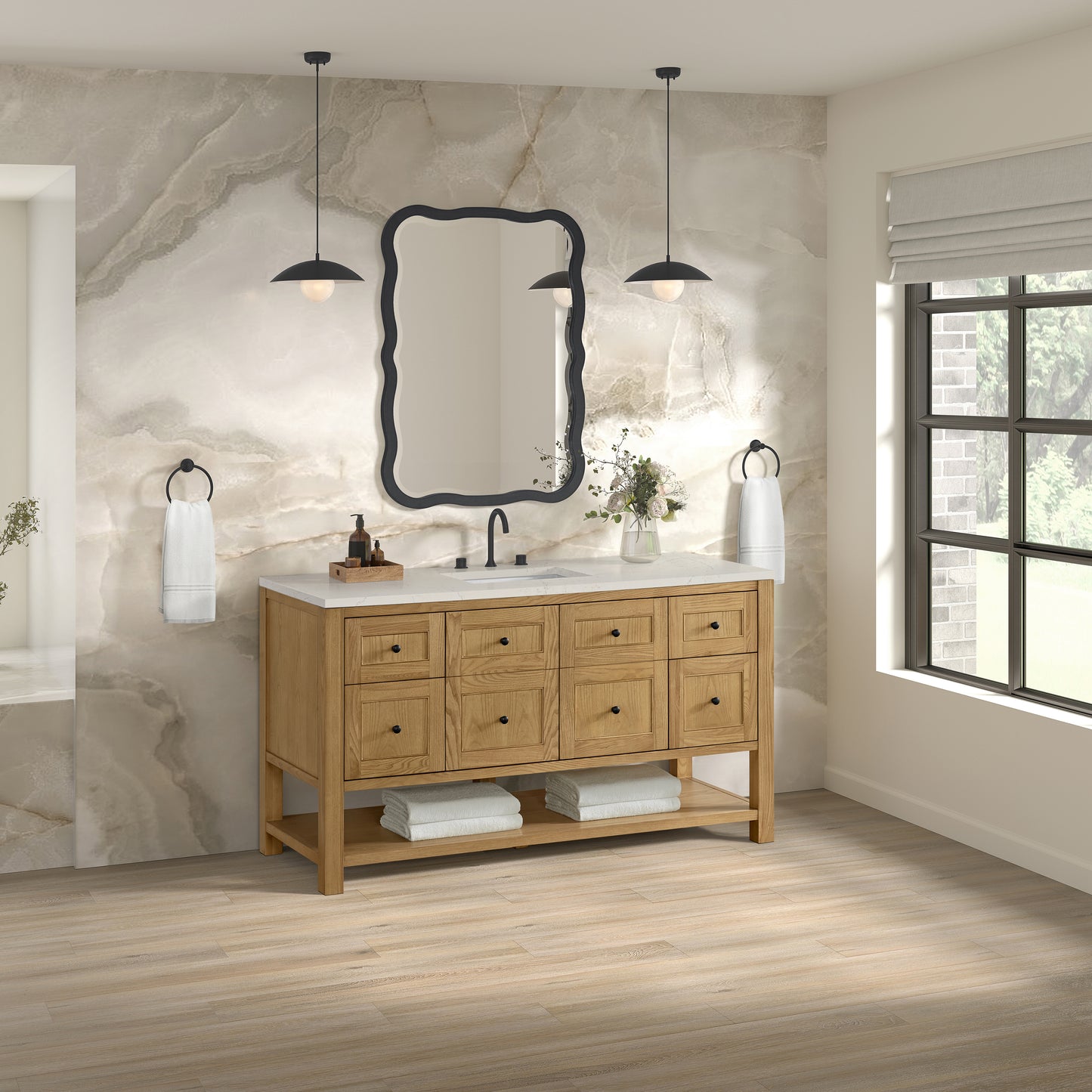 Renovate for Less Atlanta Breckenridge 60" Single Vanity, Light Natural Oak, w/ 3 CM Siberian Silestone Top