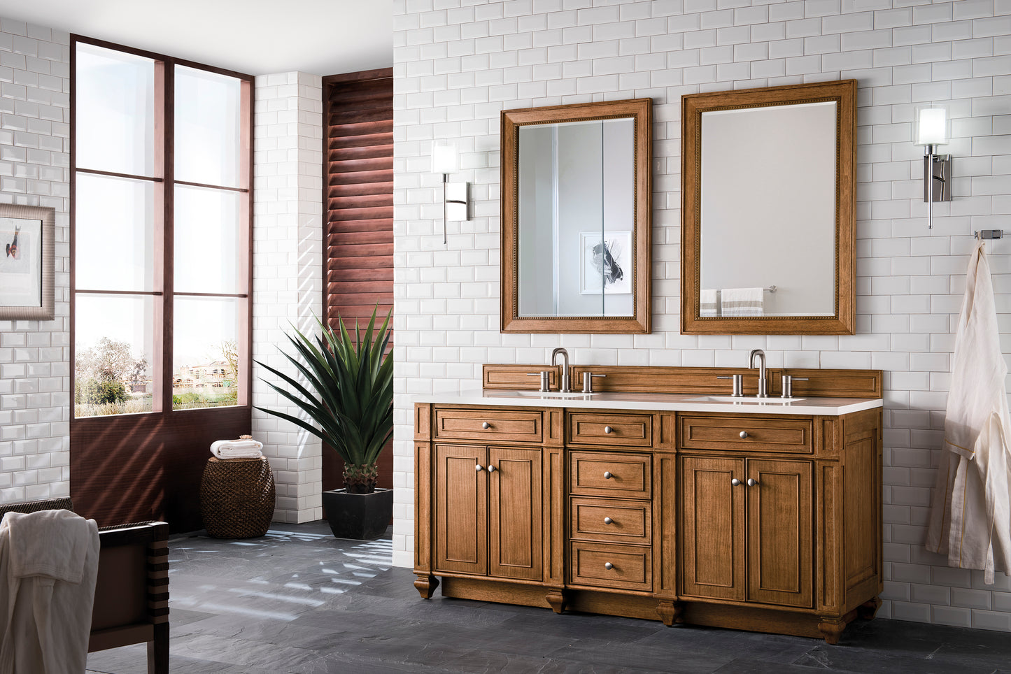 Renovate for Less Atlanta Bristol 72" Double Vanity, Saddle Brown w/ 3 CM White Zeus Silestone Top