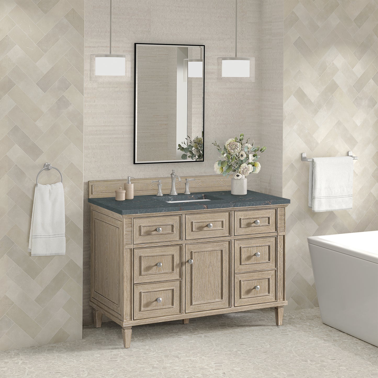 Renovate for Less Atlanta Lorelai 48" Single Vanity, Whitewashed Oak w/ 3 CM Parisien Bleu Silestone Top