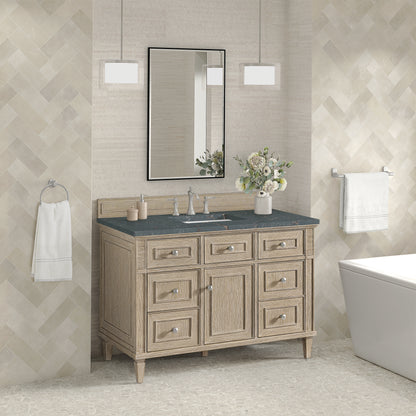 Renovate for Less Atlanta Lorelai 48" Single Vanity, Whitewashed Oak w/ 3 CM Parisien Bleu Silestone Top