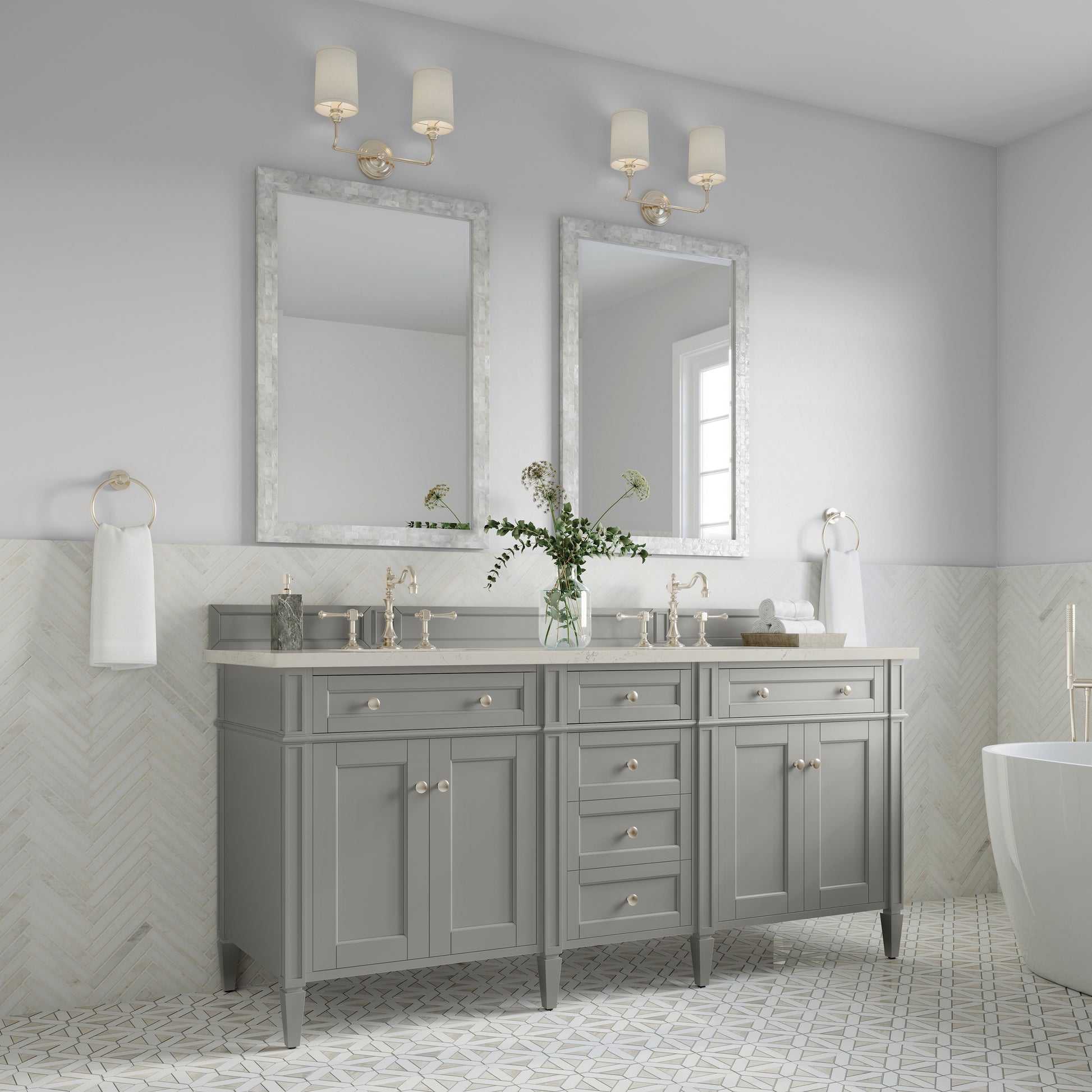 Renovate for Less Atlanta Brittany 72" Double Vanity, Urban Gray, w/ 3 CM Siberian Silestone Top