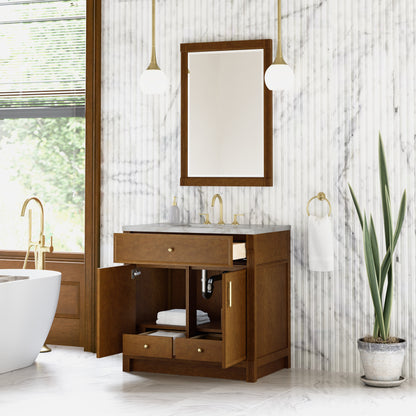 Renovate for Less Atlanta Bellshire 36" Single Vanity, Honey Oak w/ 3 CM Victorian Silver Silestone Top