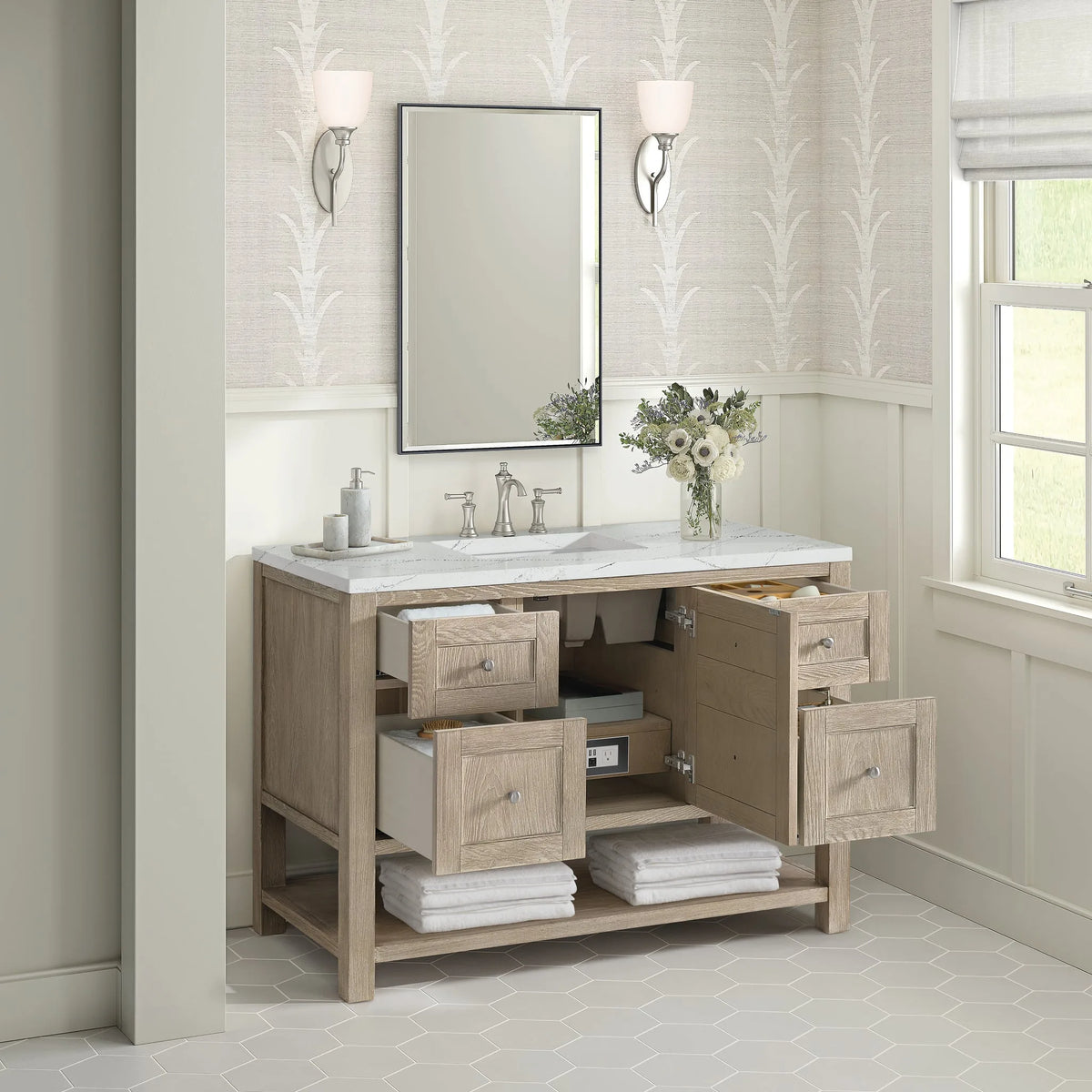 Breckenridge 48" Single Vanity, Whitewashed Oak w/ 3 CM Ethereal Noctis Silestone Top w/FreePower Wireless Charger