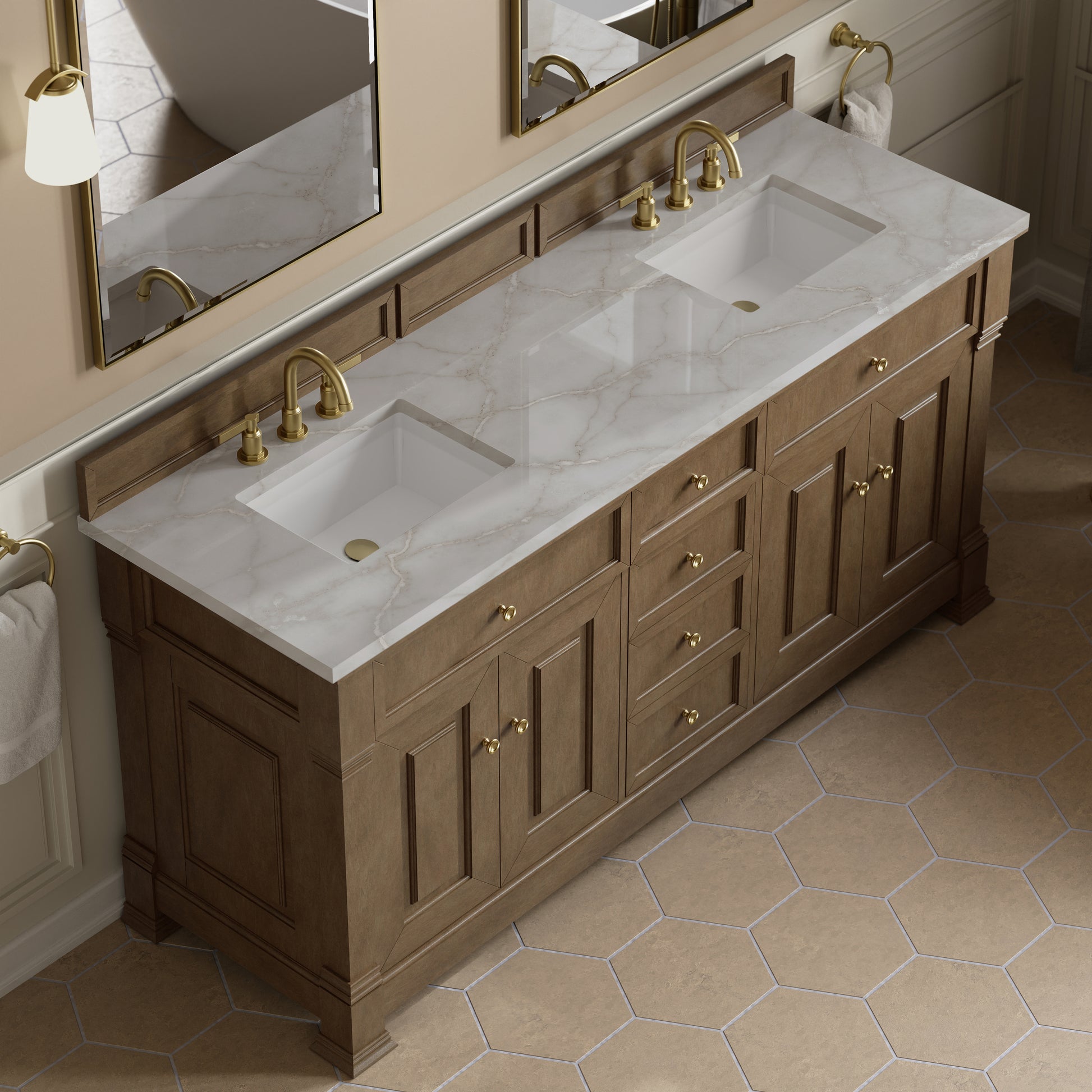 Renovate for Less Atlanta Brookfield 72" Double Vanity, Pecan w/ 3 CM Victorian Silver  Silestone Top w/ FreePower Wireless Charger