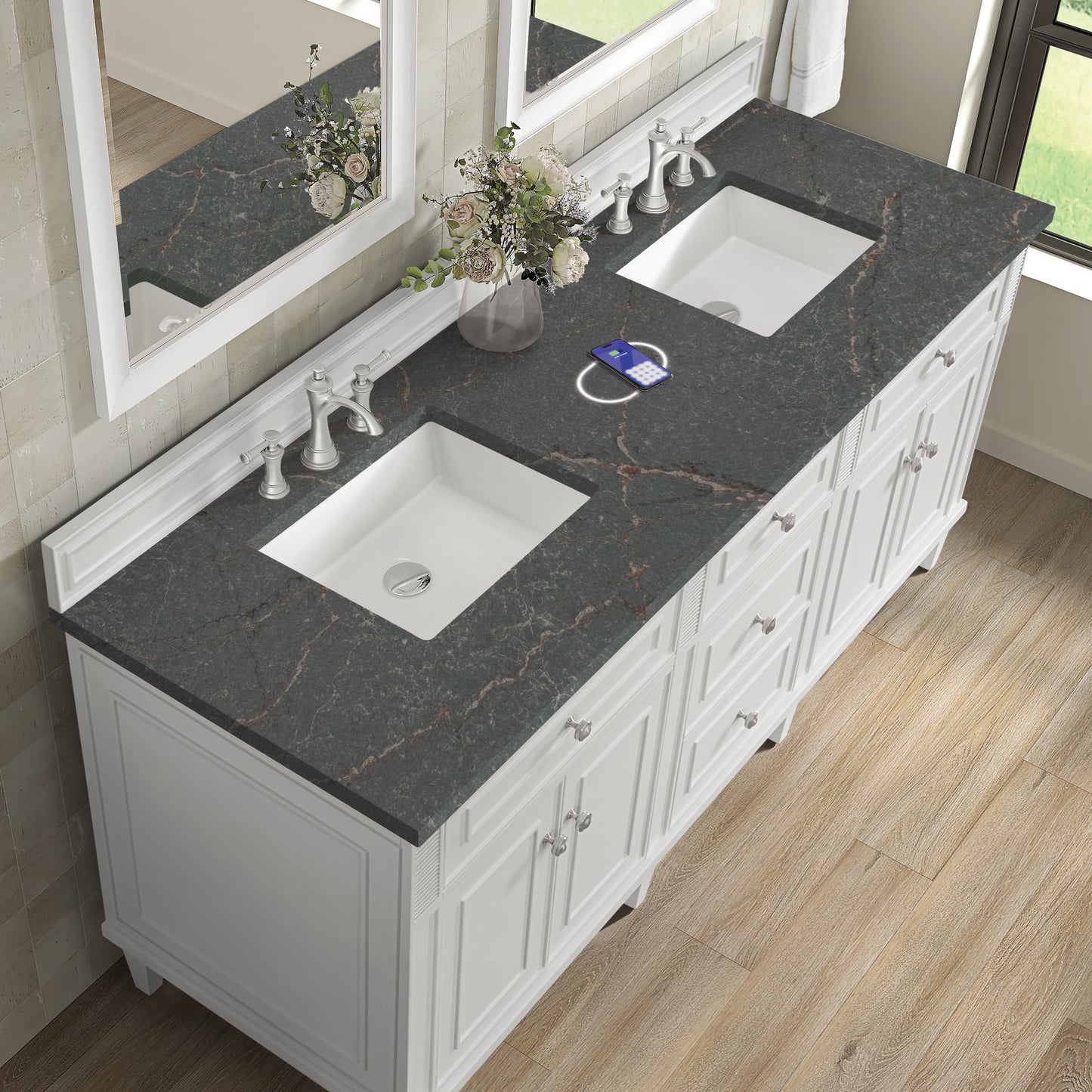 Renovate for Less Atlanta Lorelai 72" Double Vanity, Bright White w/ 3 CM Parisien Bleu Silestone Top w/FreePower Wireless Charger