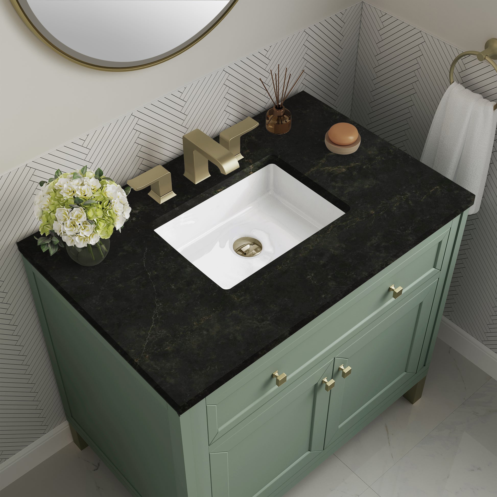 Renovate for Less Atlanta Chicago 36" Single Vanity, Smokey Celadon, w/ 3 CM Phantome Eclos Top