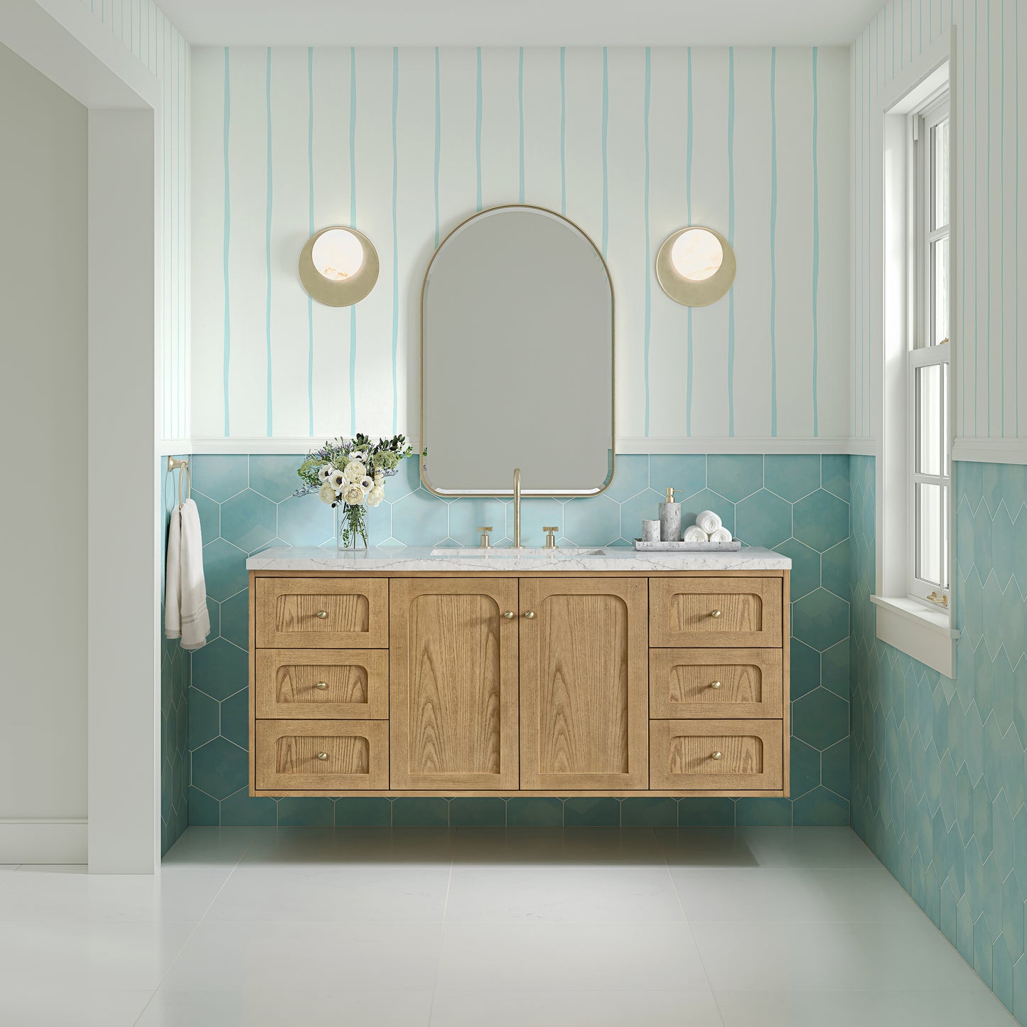 Renovate for Less Atlanta Laurent 60" Single Vanity, Light Natural Oak, w/ 3 CM Eternal Jasmine Pearl Silestone Top w/ FreePower Wireless Charger