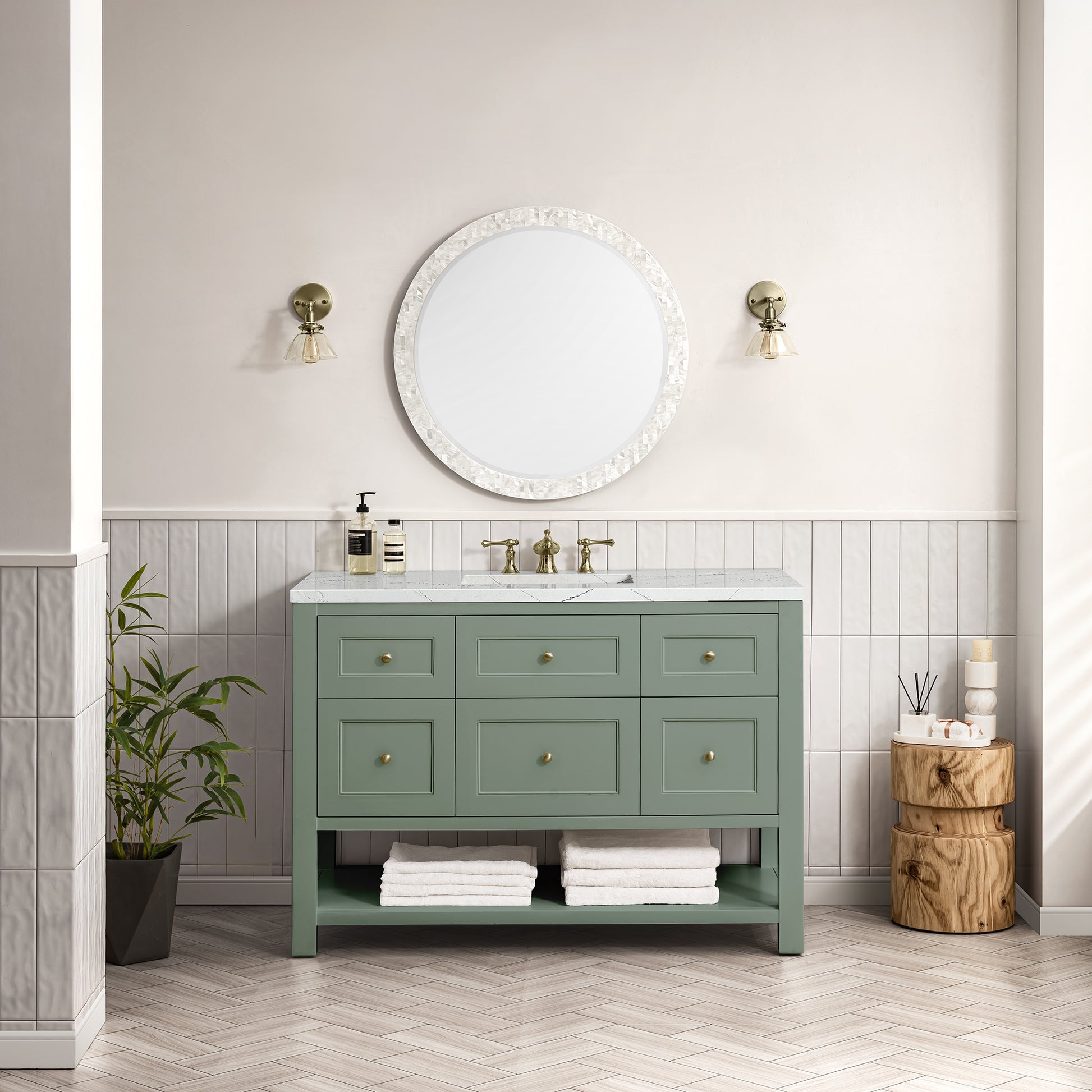 Renovate for Less Atlanta Breckenridge 48" Single Vanity, Smokey Celadon w/ 3 CM Ethereal Noctis Top w/FreePower Wireless Charger