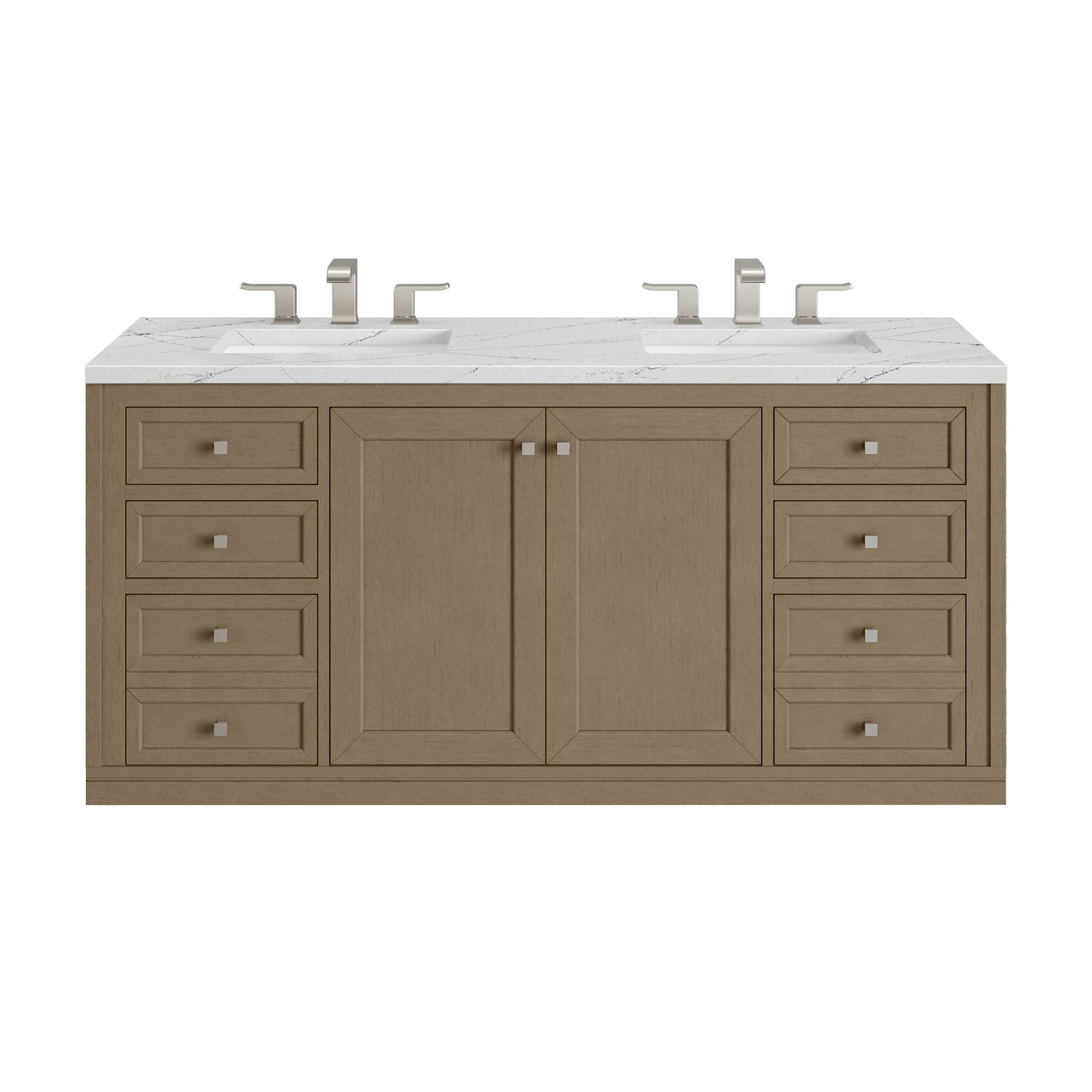 Renovate for Less Atlanta Chicago 60" Double Vanity, Walnut Whisper, w/ 3 CM Ethereal Noctis Silestone® Top w/FreePower Wireless Charger