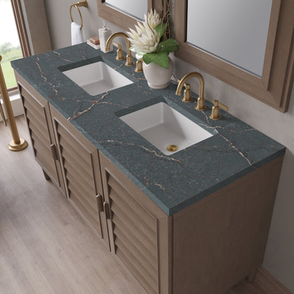 Renovate for Less Atlanta Portland 60" Double Vanity Whitewashed Walnut w/ 3 CM Parisien Bleu Silestone Top w/FreePower Wireless Charger